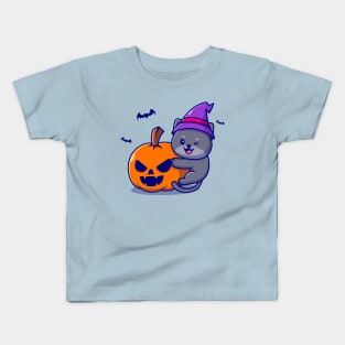 Cute Witch Cat Hug Pumpkin Halloween Cartoon Kids T-Shirt